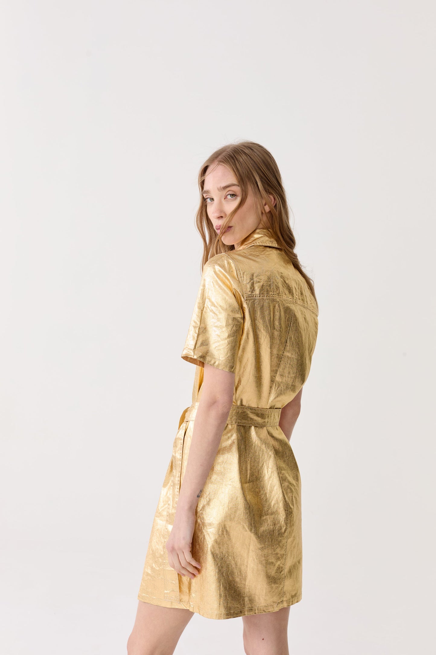 Franca Metallic Linen Dress - Gold