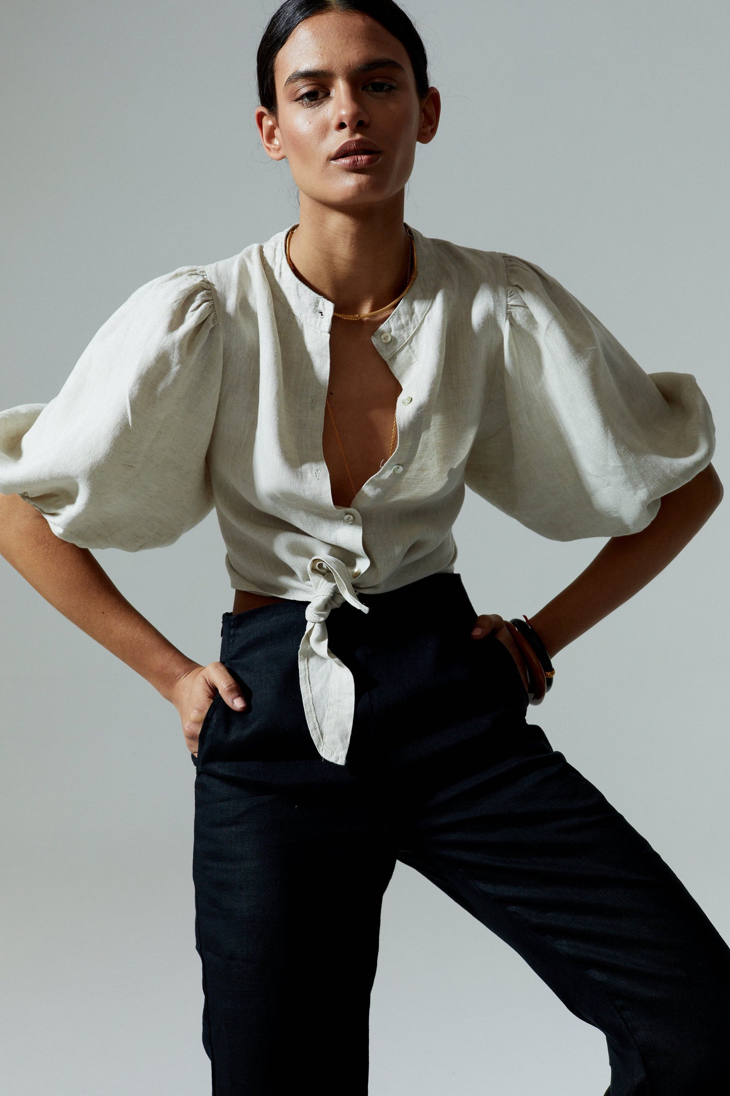 Bubble Linen Crop Top - Natural
