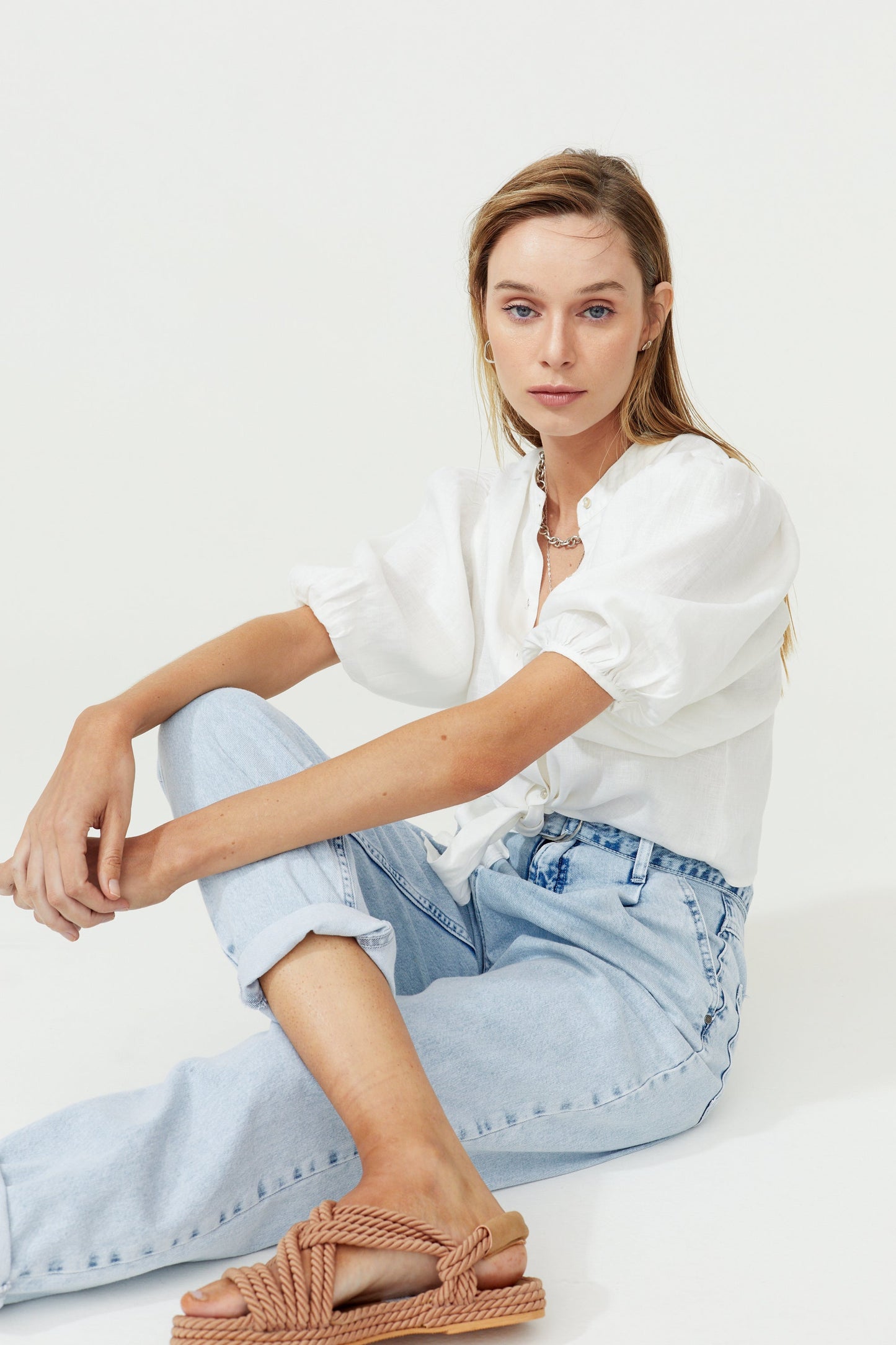 Bubble Linen Crop Top - White