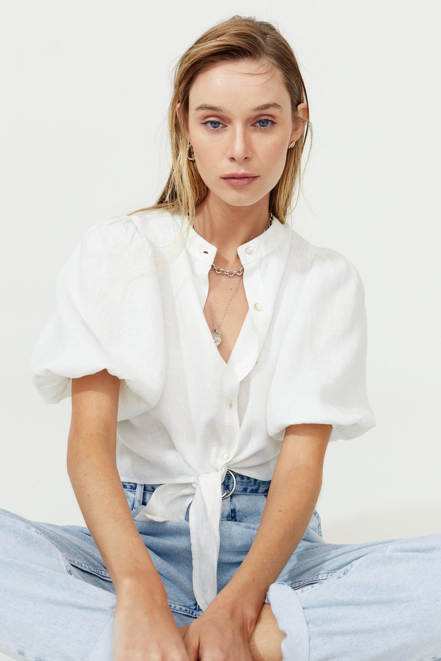 Bubble Linen Crop Top - White