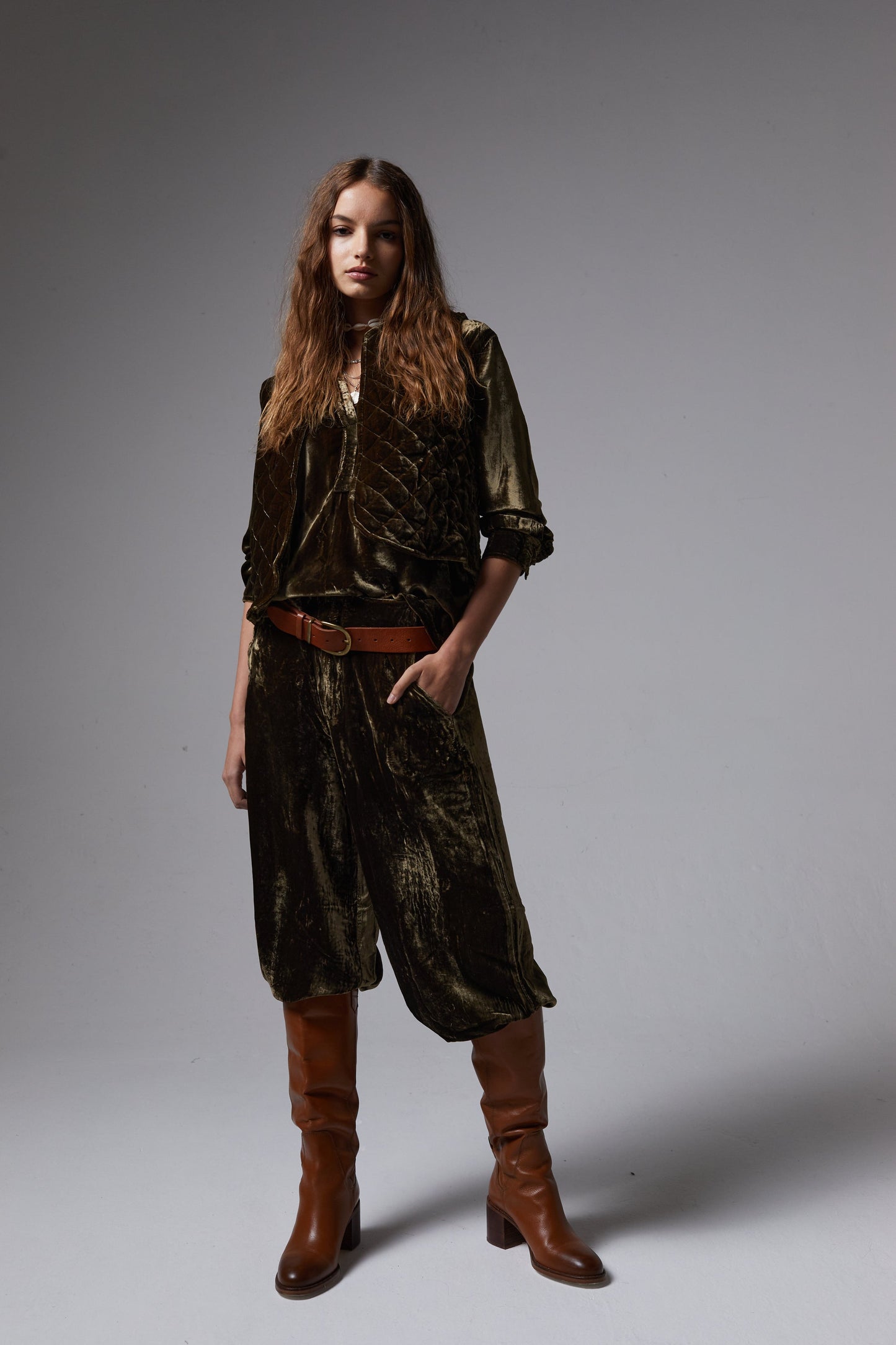 New Luna Silk Velvet Pants - Moss