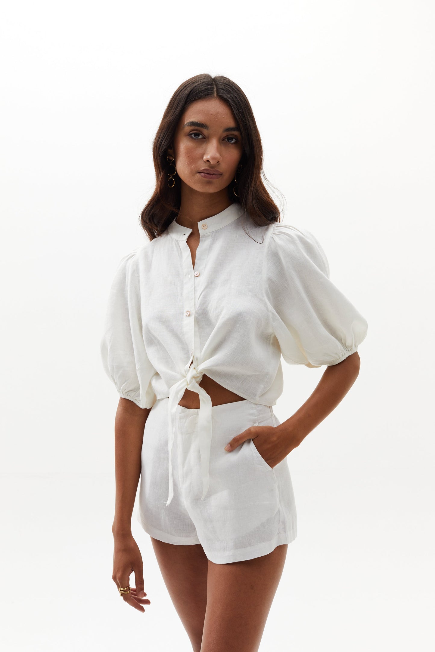 Bubble Linen Crop Top - White