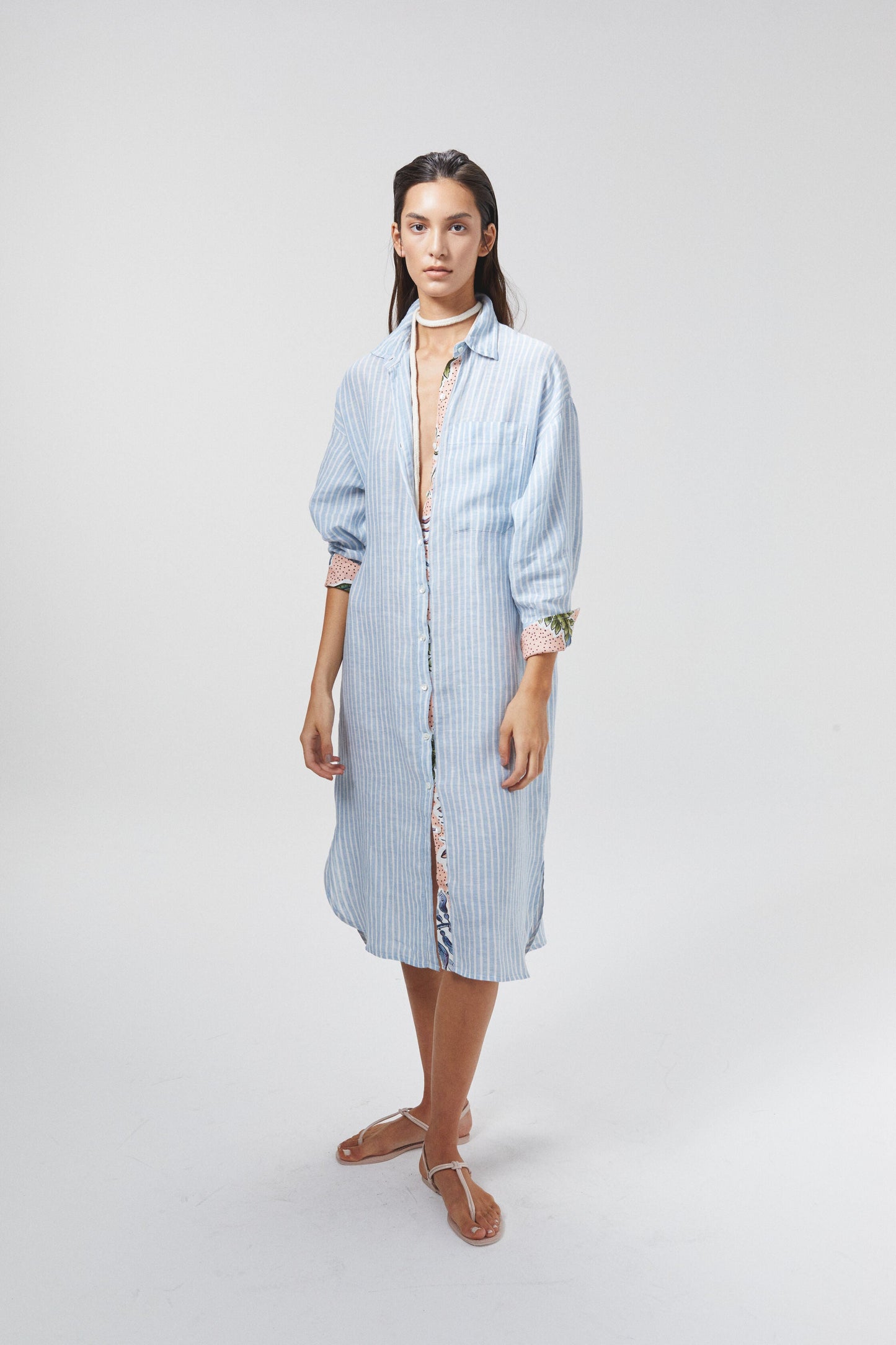 Island Linen Midi Dress - Light Blue and White Stripes with Contrasting Details