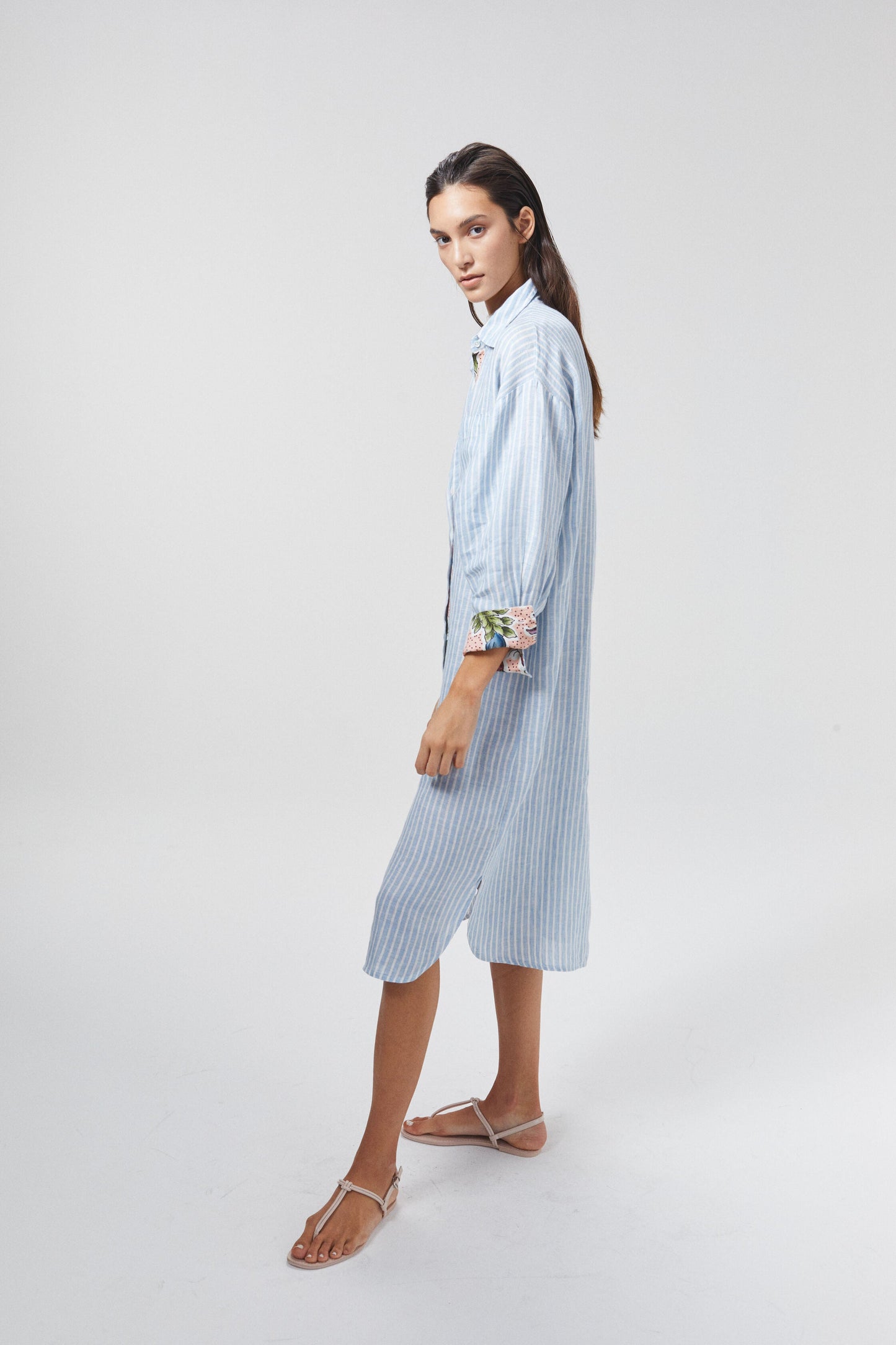 Island Linen Midi Dress - Light Blue and White Stripes with Contrasting Details