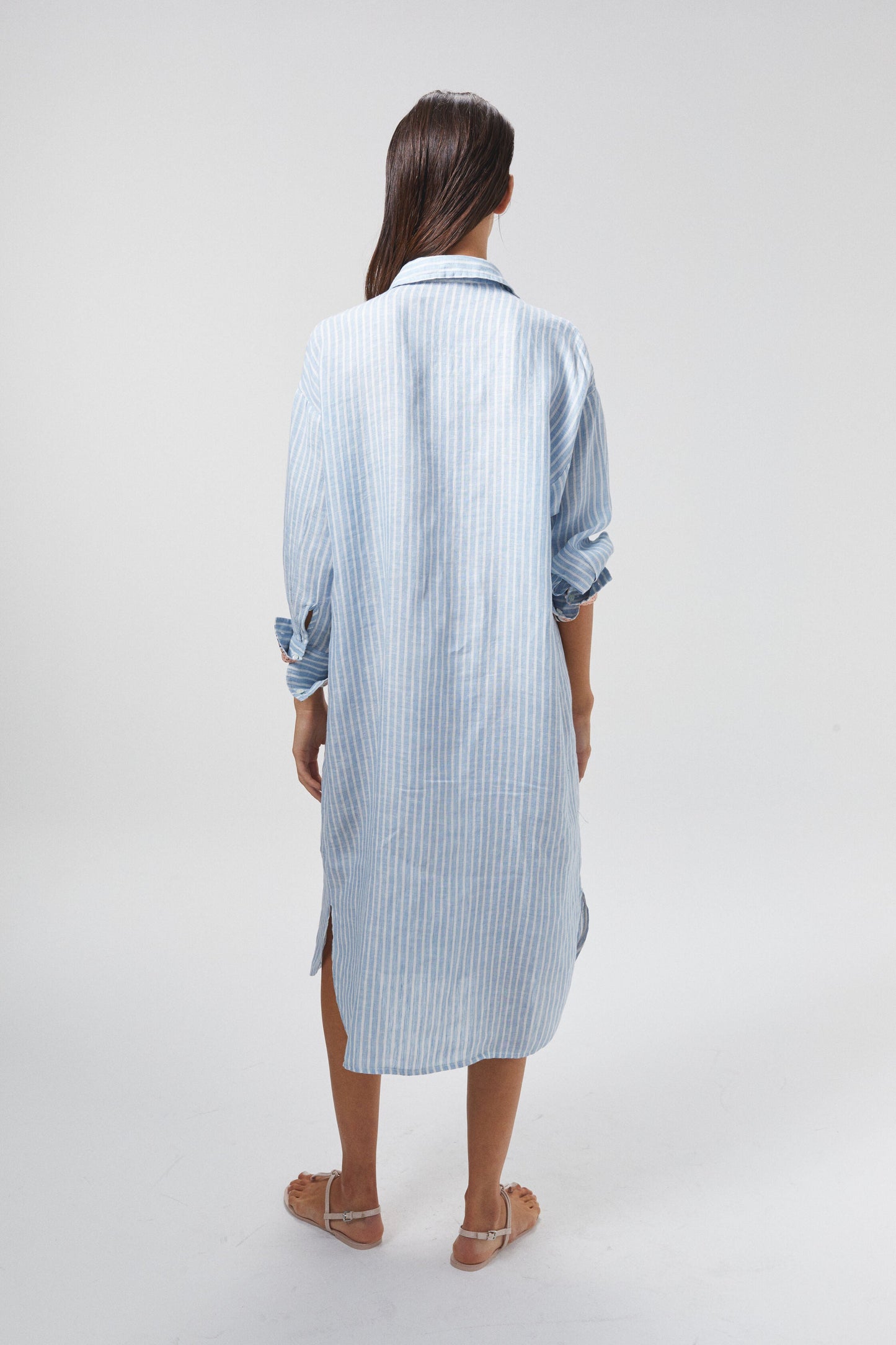 Island Linen Midi Dress - Light Blue and White Stripes with Contrasting Details