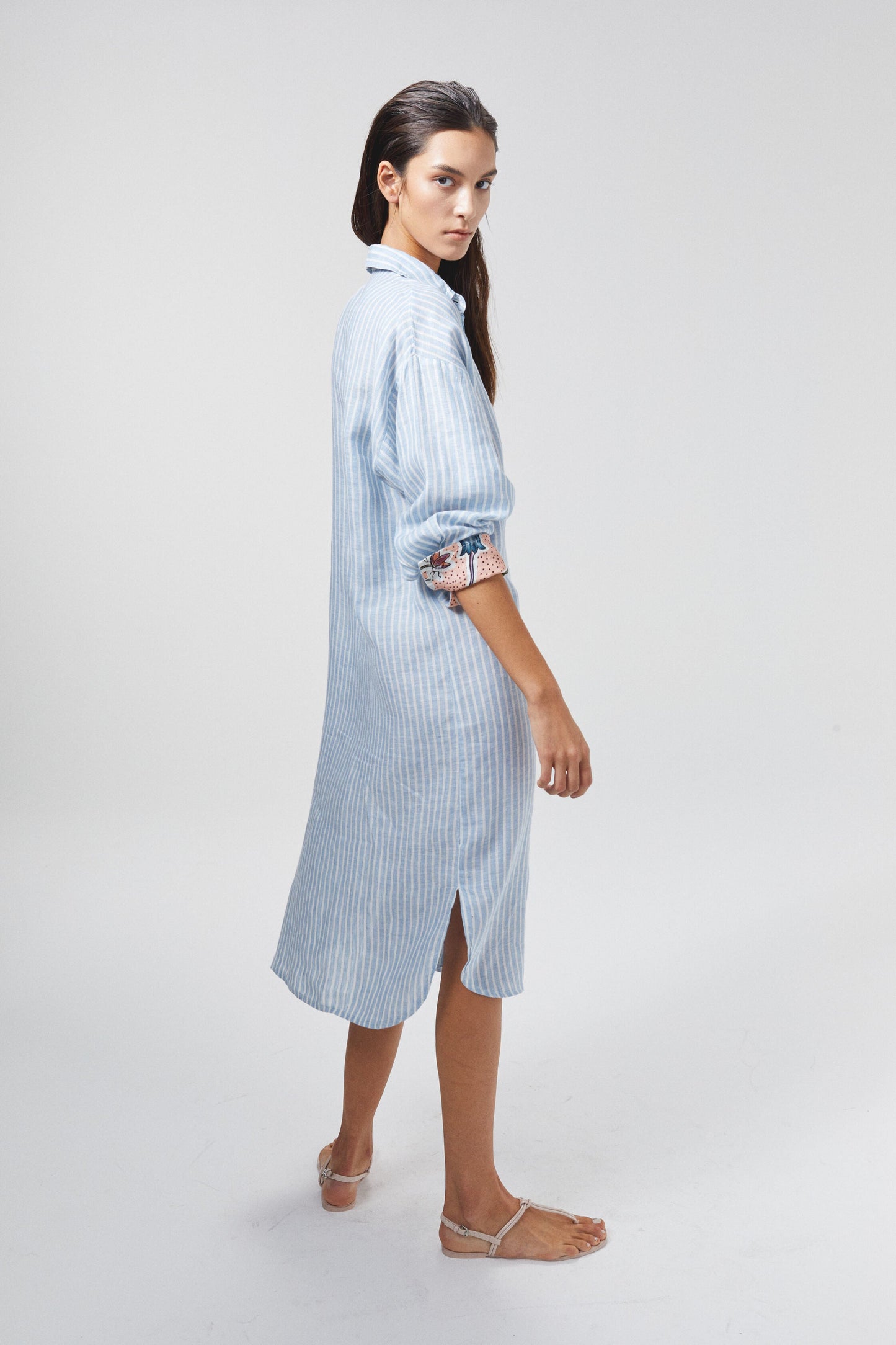 Island Linen Midi Dress - Light Blue and White Stripes with Contrasting Details