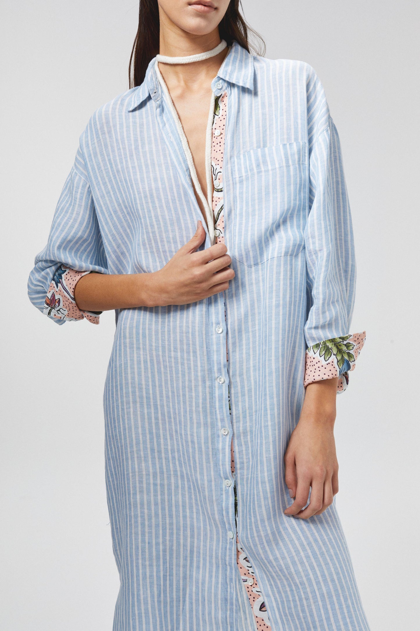 Island Linen Midi Dress - Light Blue and White Stripes with Contrasting Details
