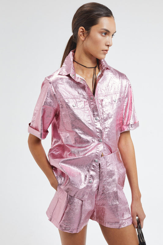 Frida Metallic Linen Shorts - Pink