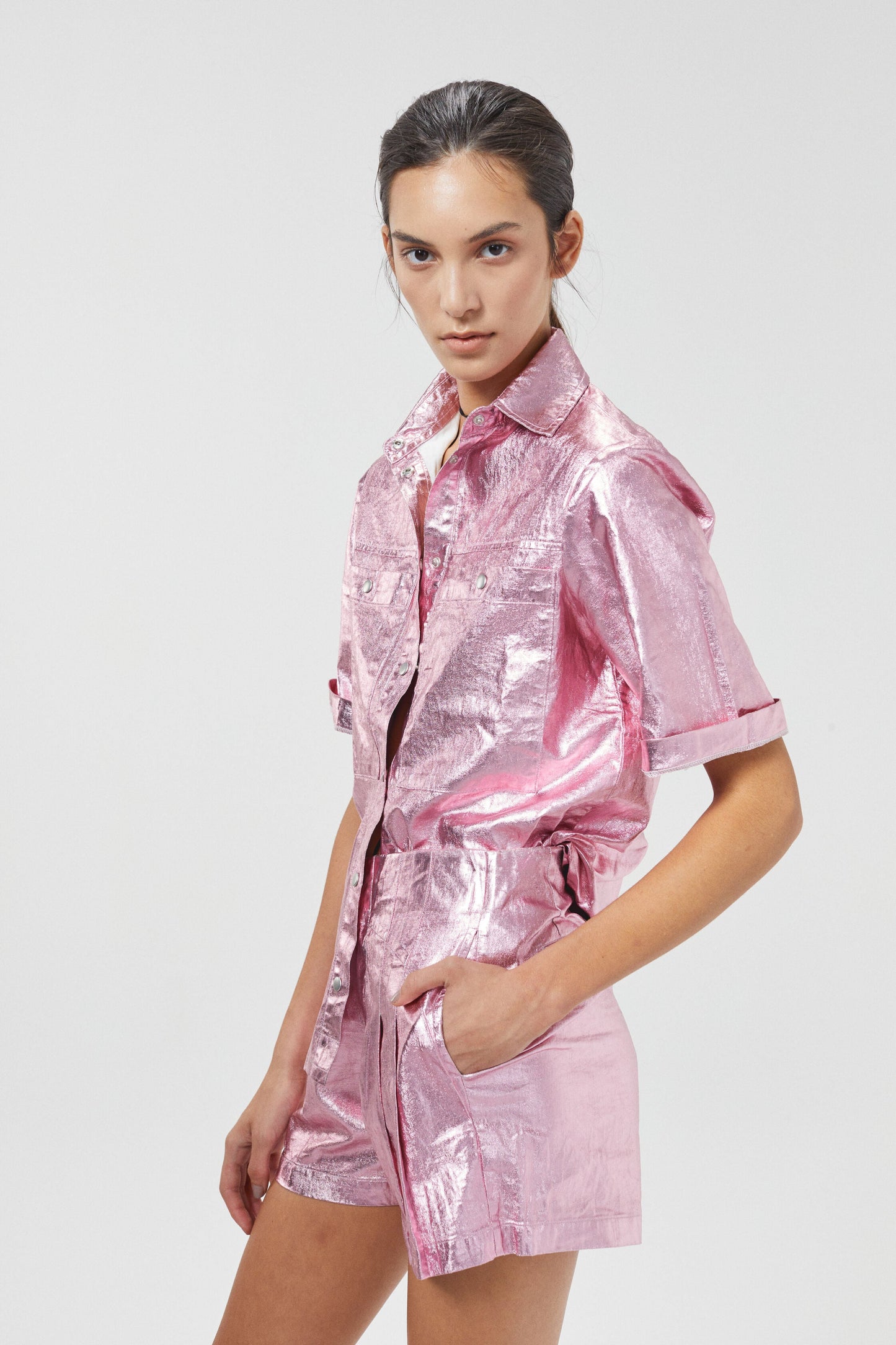 Frida Metallic Linen Shorts - Pink
