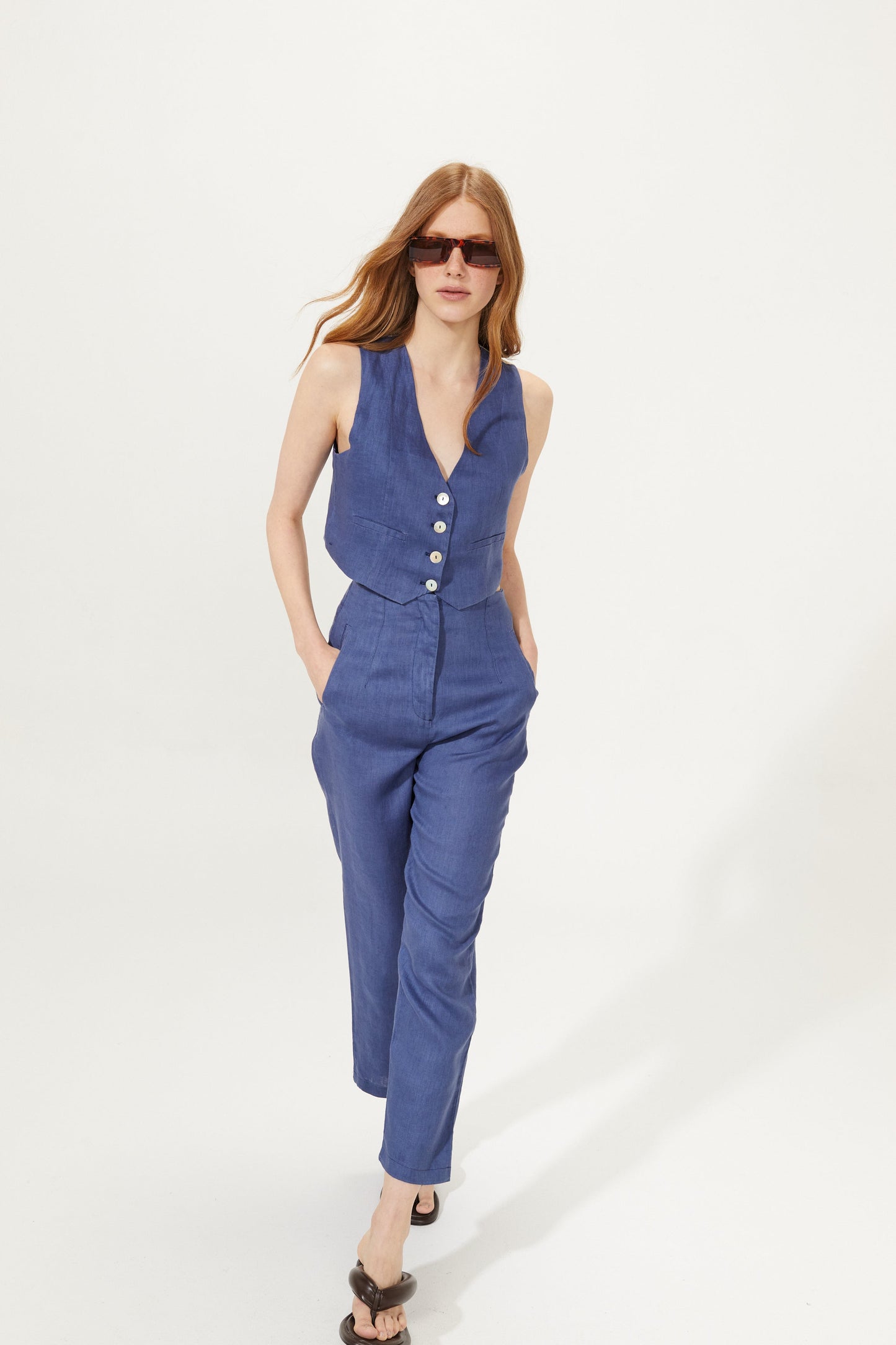 Texas Linen Pants - Deep Blue with Gold