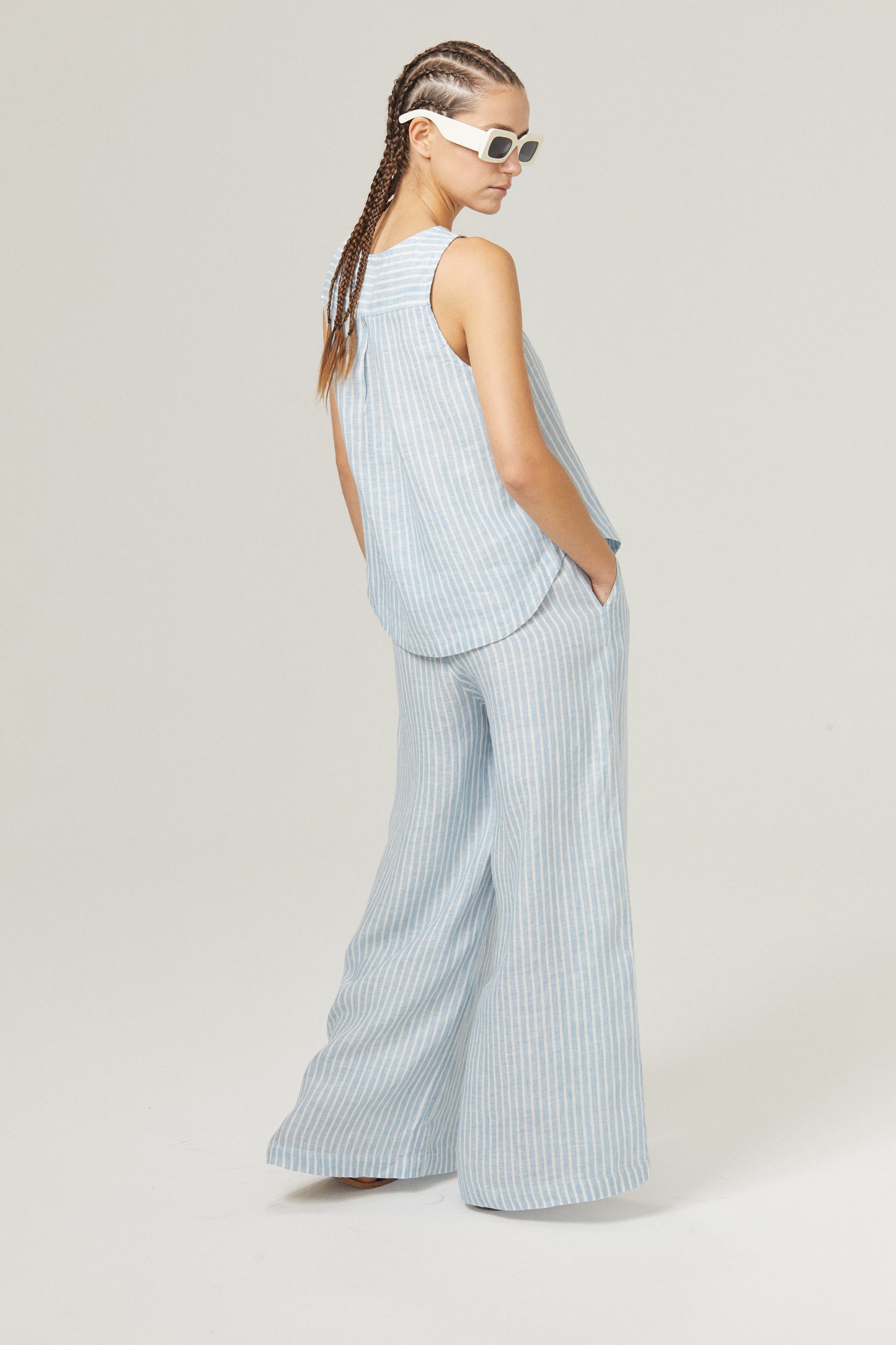 Yves Linen Top - Light Blue and White Stripes