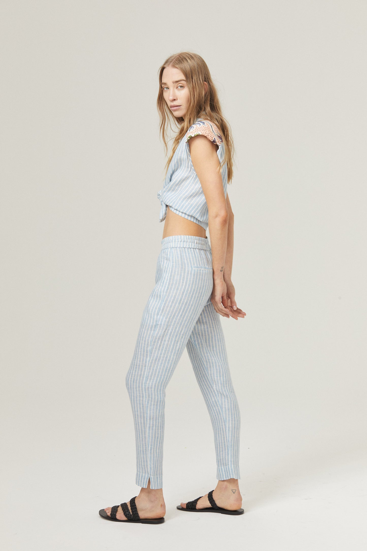 Lotus Jogger Linen Pants - Light Blue and White Stripes with Contrasting Details