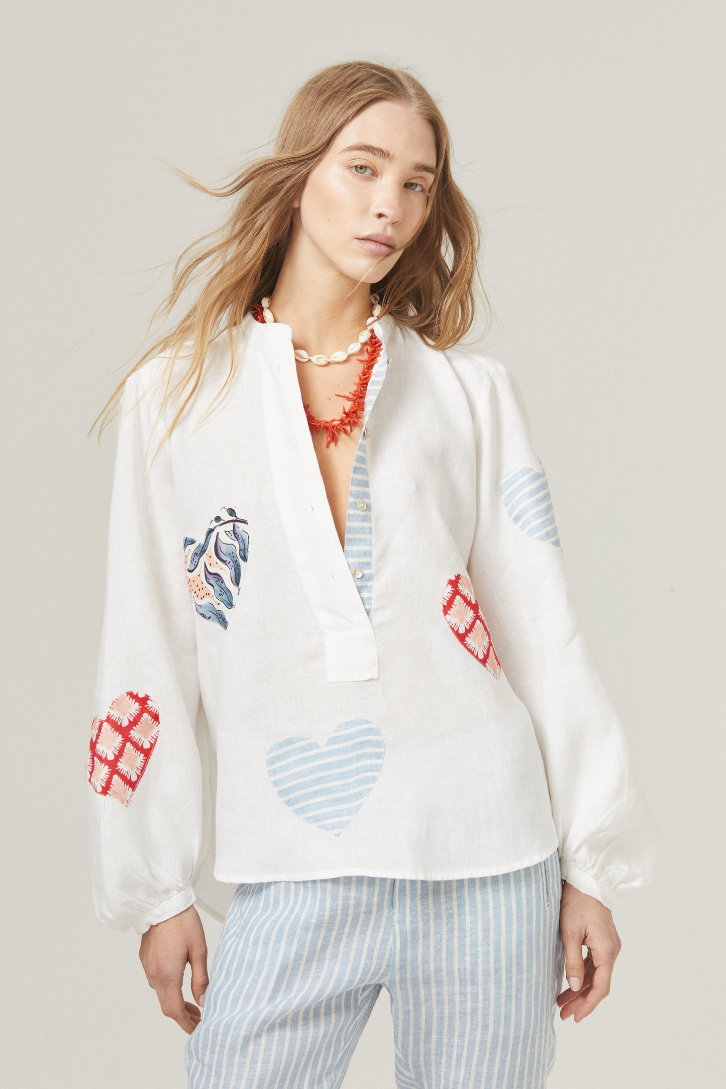 Cupid Linen Shirt - Off-white with Hearts in varied prints