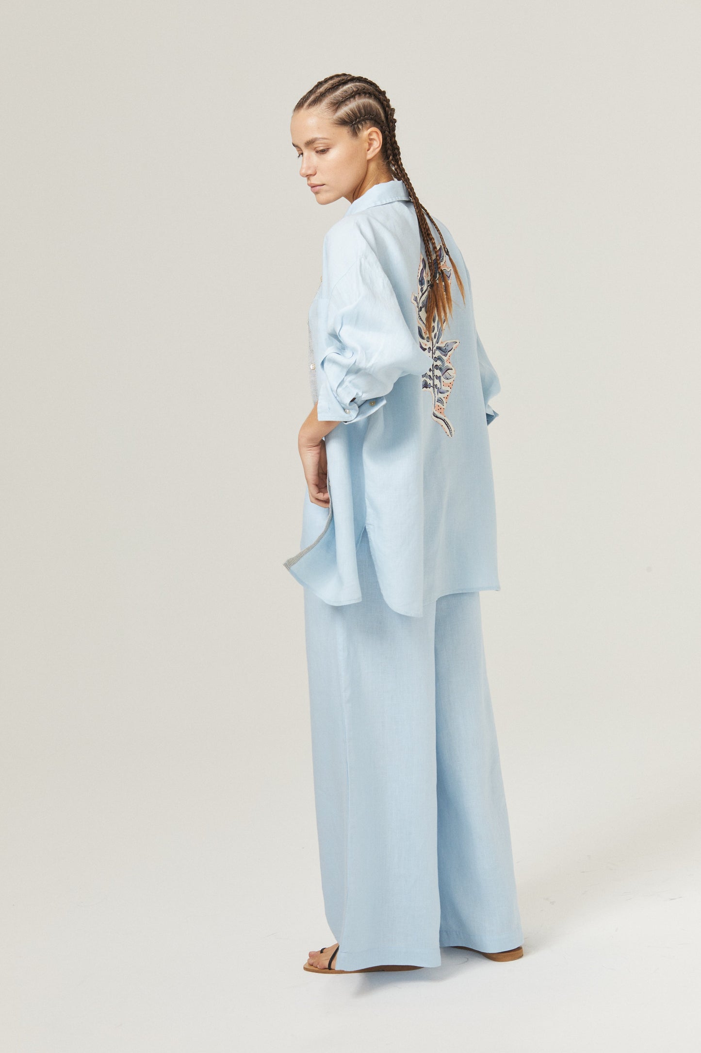 Flora Linen Shirt - Sky Blue with Contrasting Details