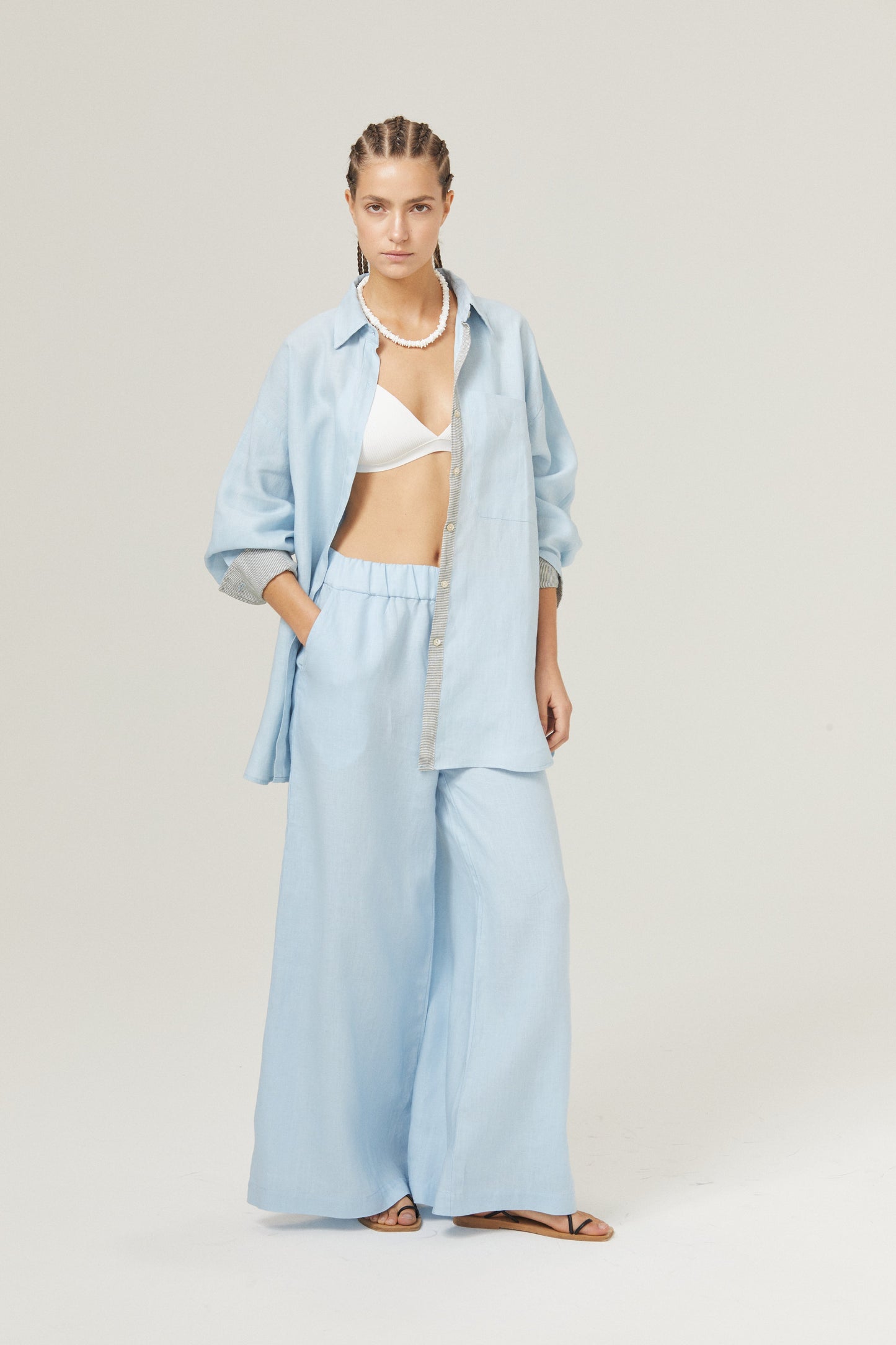 Flora Linen Shirt - Sky Blue with Contrasting Details