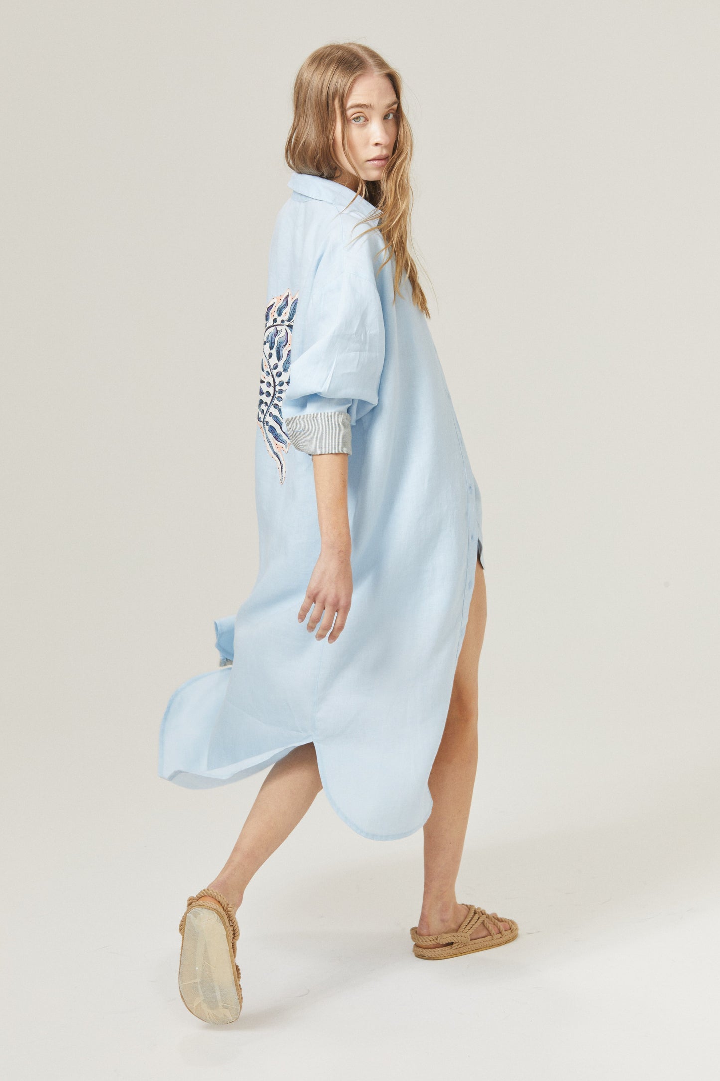 Flora Linen Dress - Sky Blue with Contrasting Details