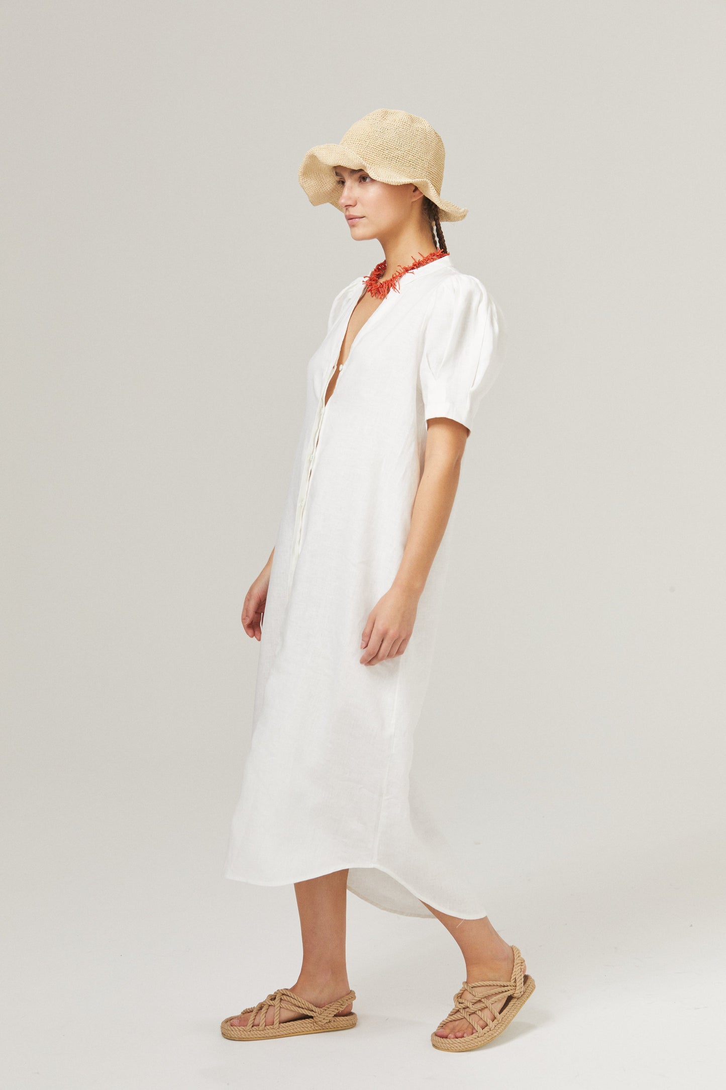 Athina Midi Linen Dress - Off-White