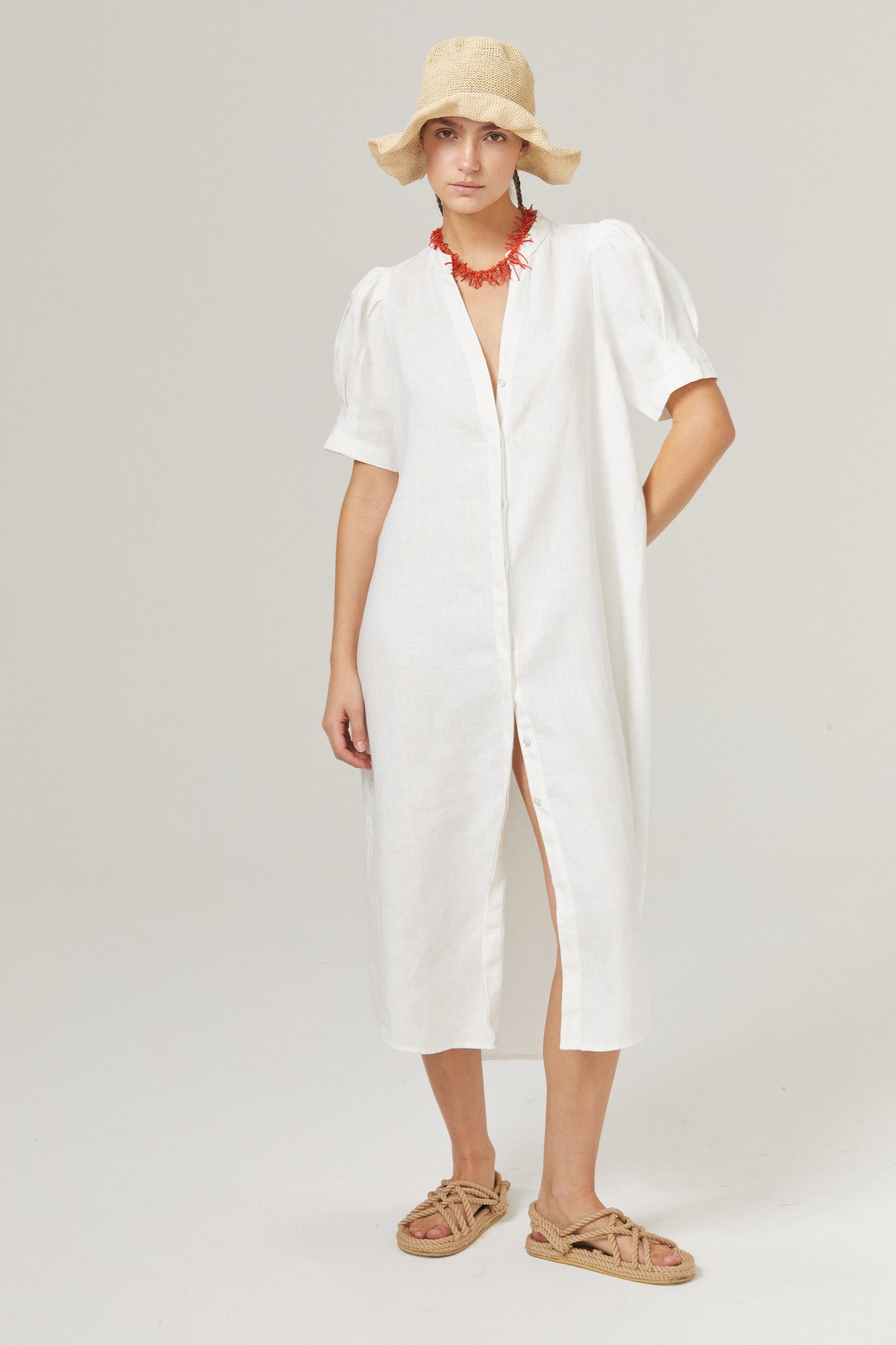 Athina Midi Linen Dress - Off-White