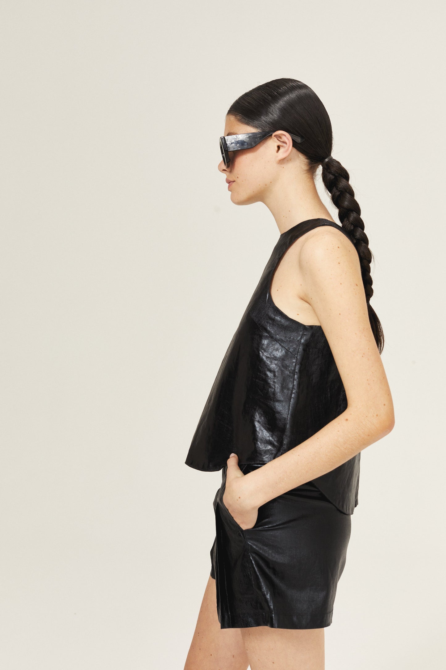 Loto Metallic Linen Top - Black