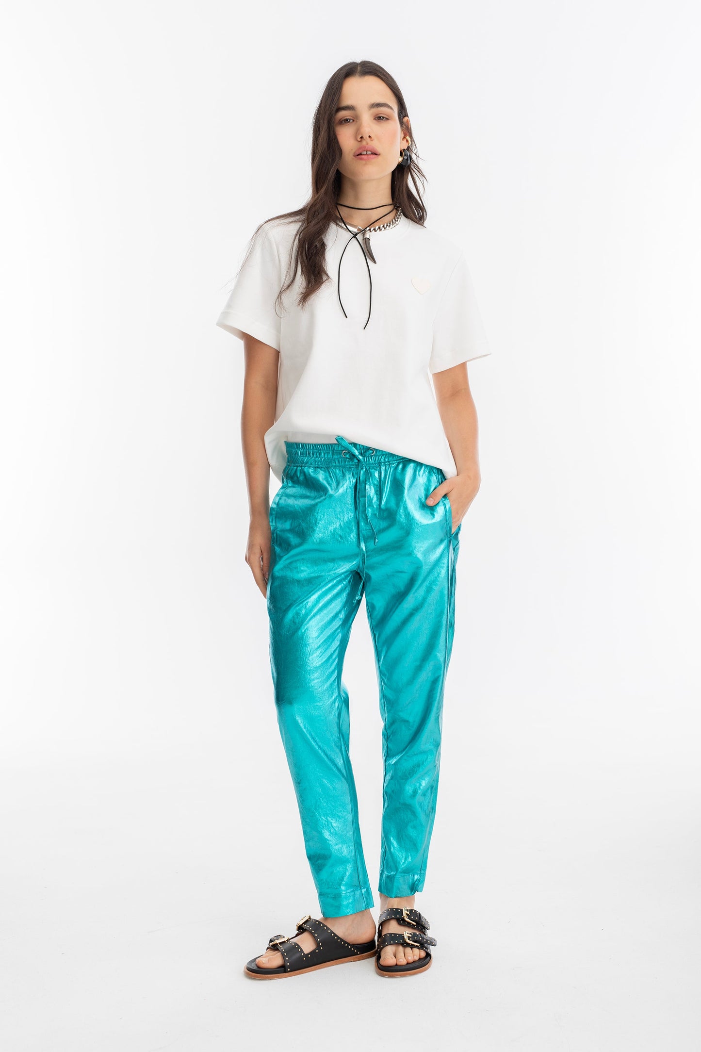 Lotus Metallic Linen Jogger Pants - Turquoise