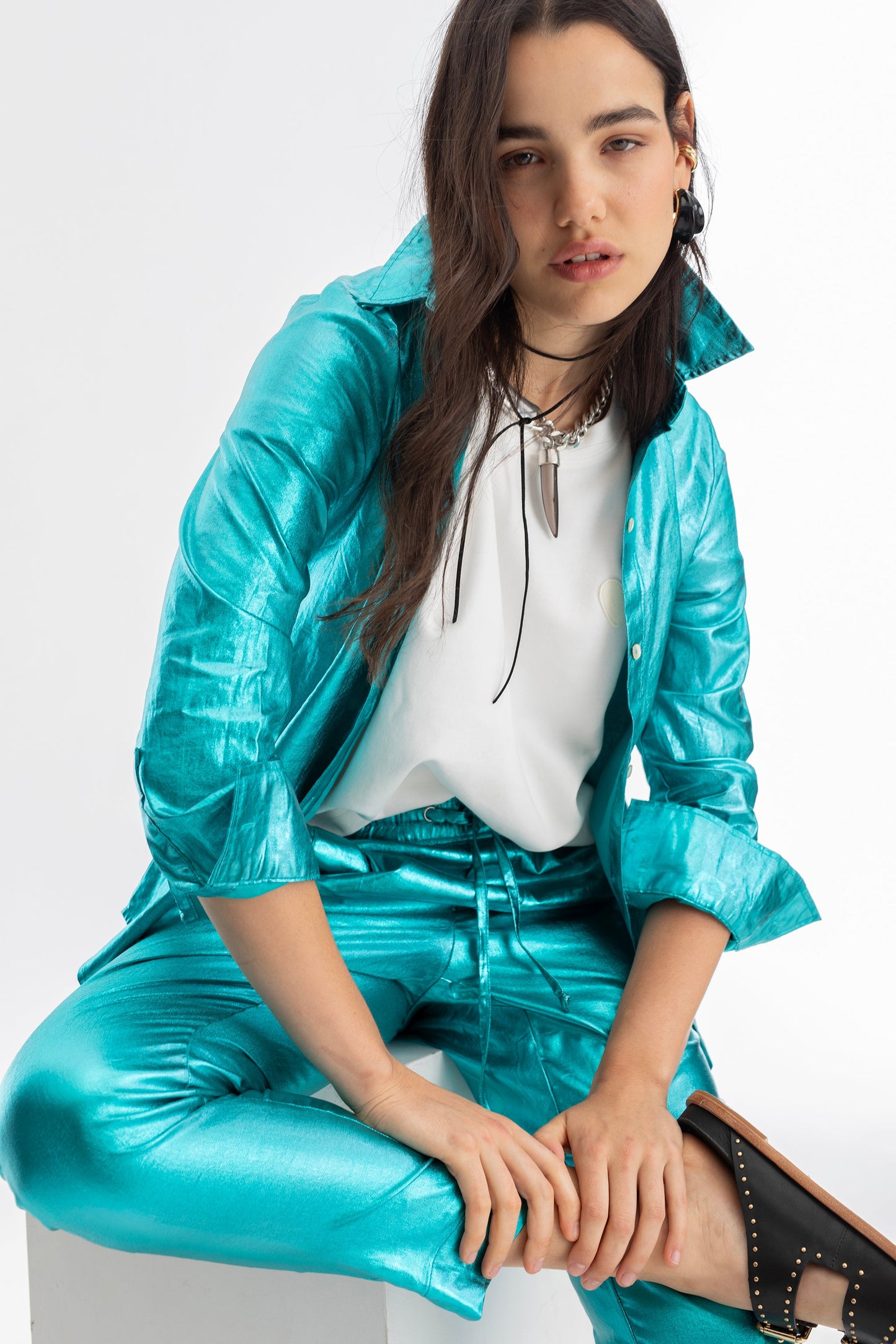 San Marino Metallic Linen Shirt - Turquoise