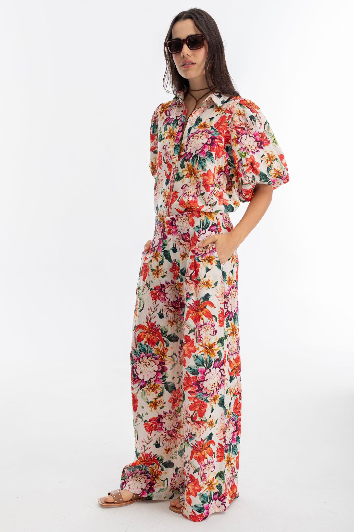 Culotte Linen Pants - Full Bloom Print