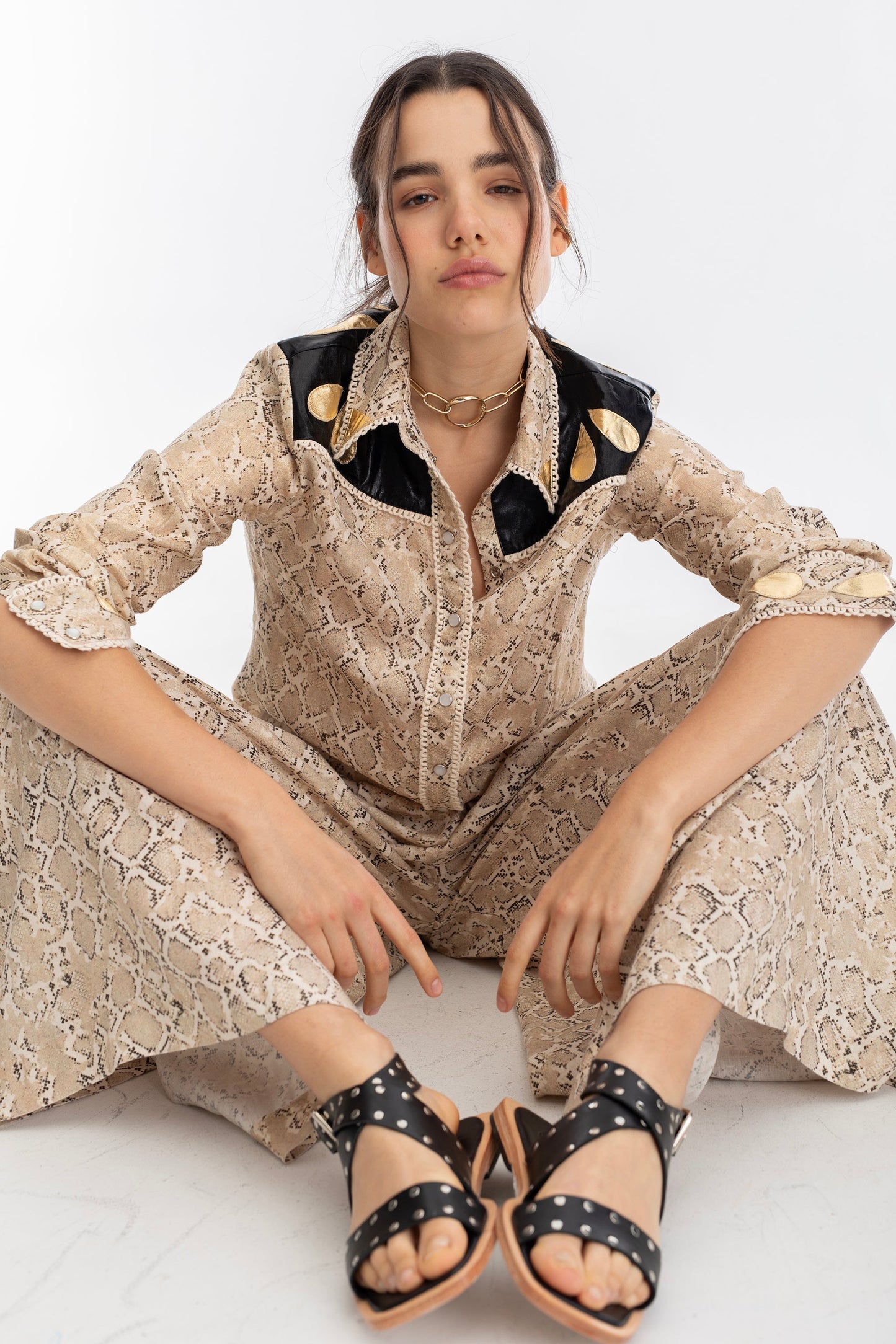 Far West Metallic Linen Shirt - Snake Print with Metallic Black and Gold Appliques