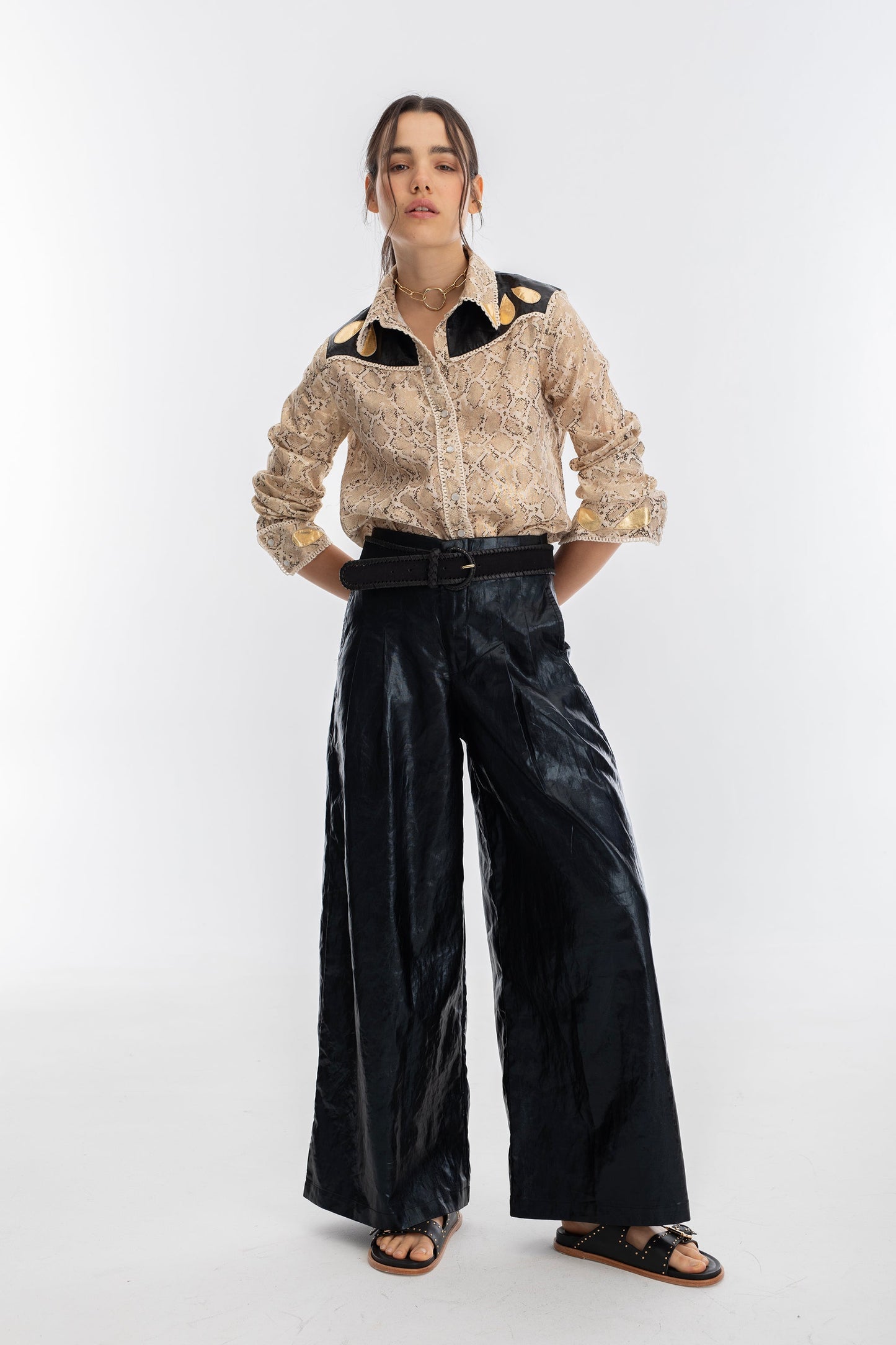 Far West Metallic Linen Shirt - Snake Print with Metallic Black and Gold Appliques