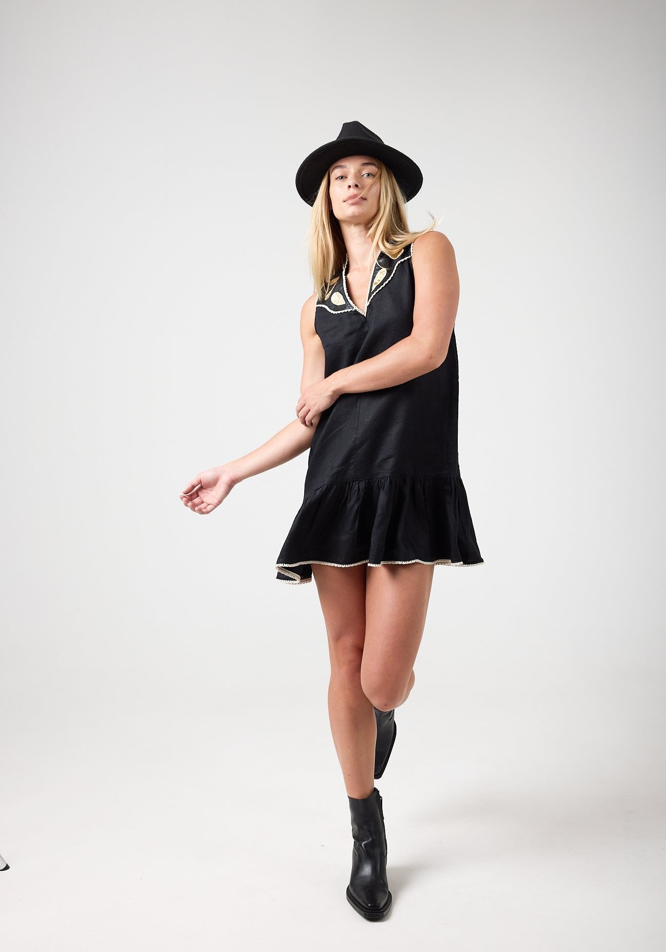 Far West Linen Dress - Black with Metallic Black and Gold Appliques