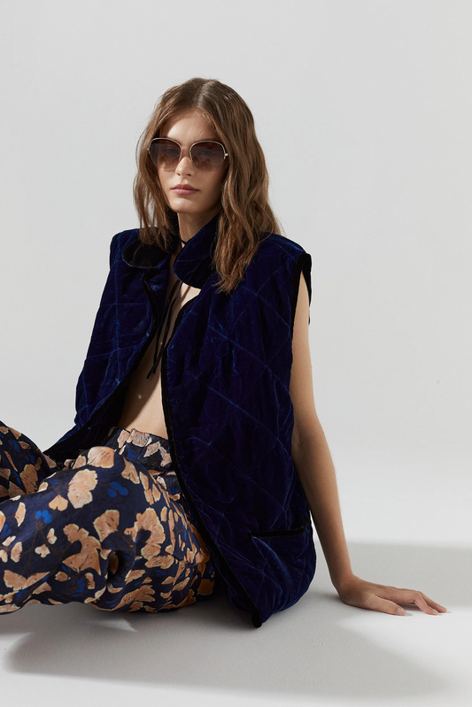 Alice Velvet Vest - Navy Blue w/Black