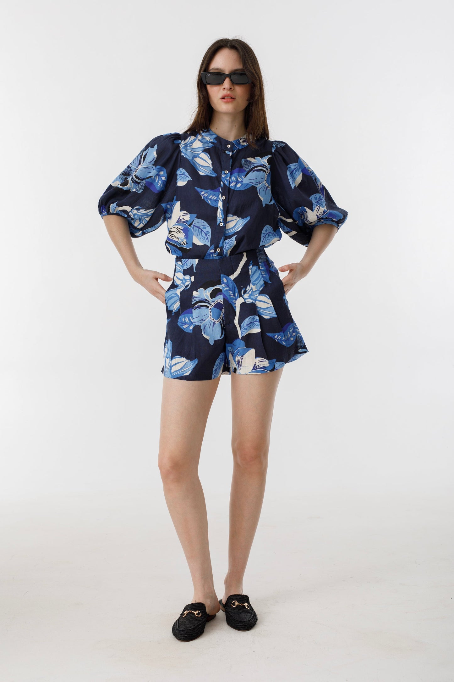 Bubble Linen Shirt - Navy Hibiscus Print