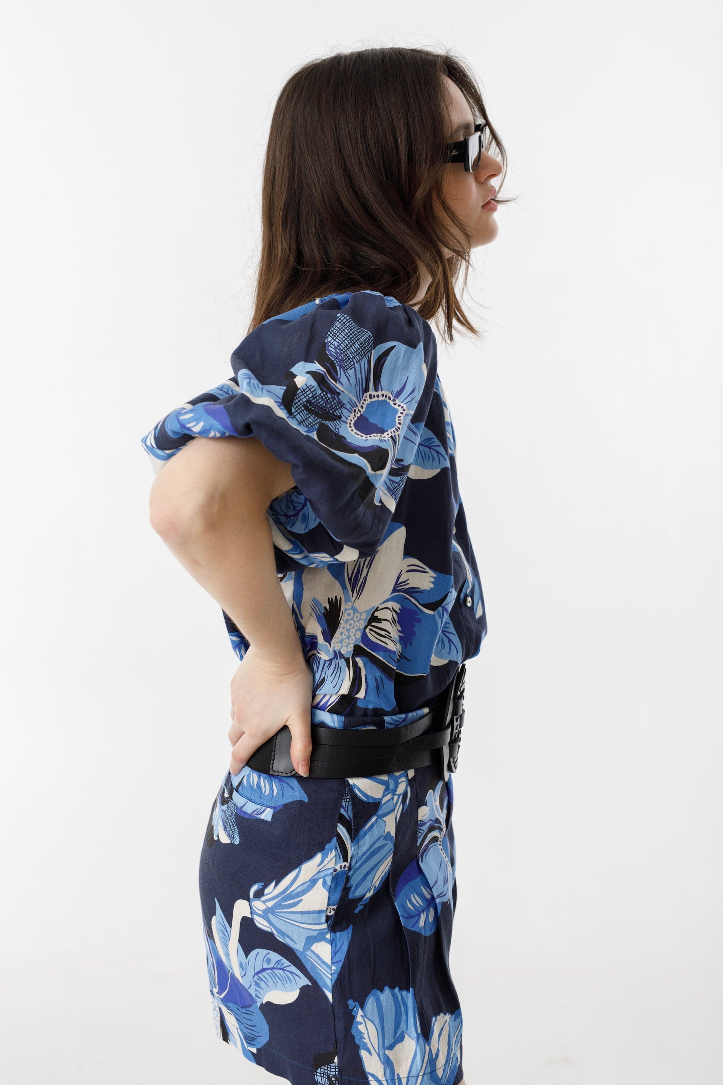 Bubble Linen Shirt - Navy Hibiscus Print