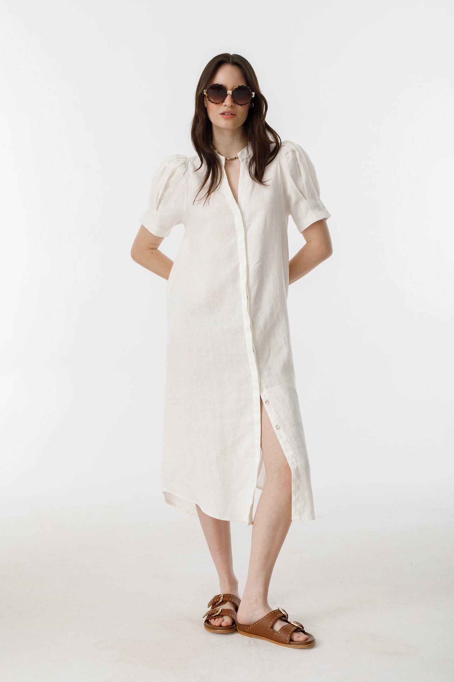 Athina Midi Linen Dress - Off-White